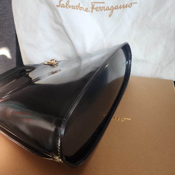 Salvatore Ferragamo Black Leather and Gold Lock Accents Handbag - Picture 4 of 15